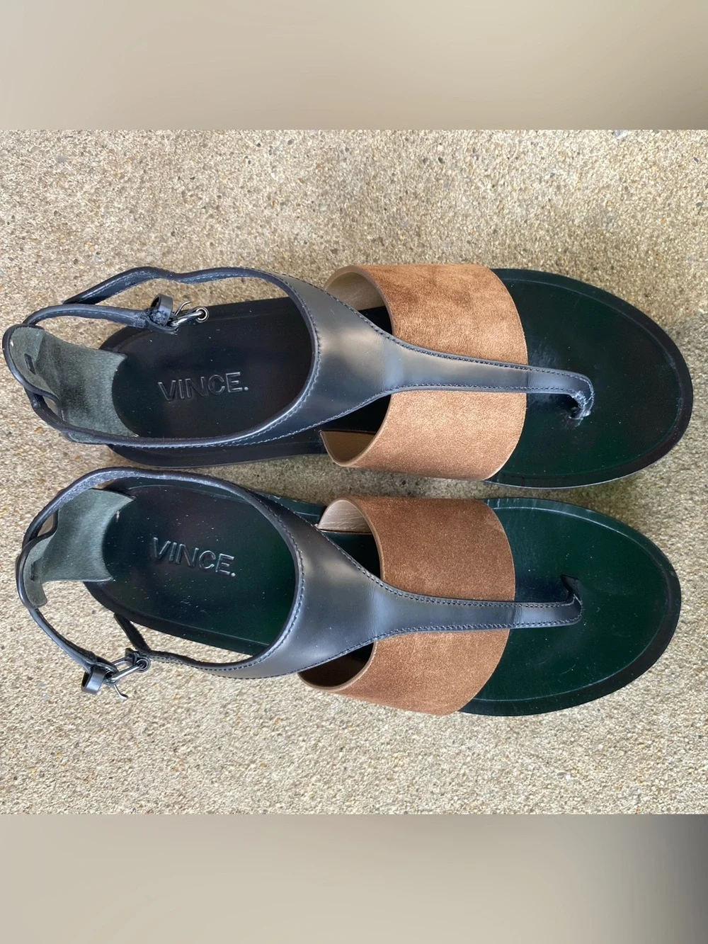 Vince Black Leather & Brown Suede T-Strap Sandals